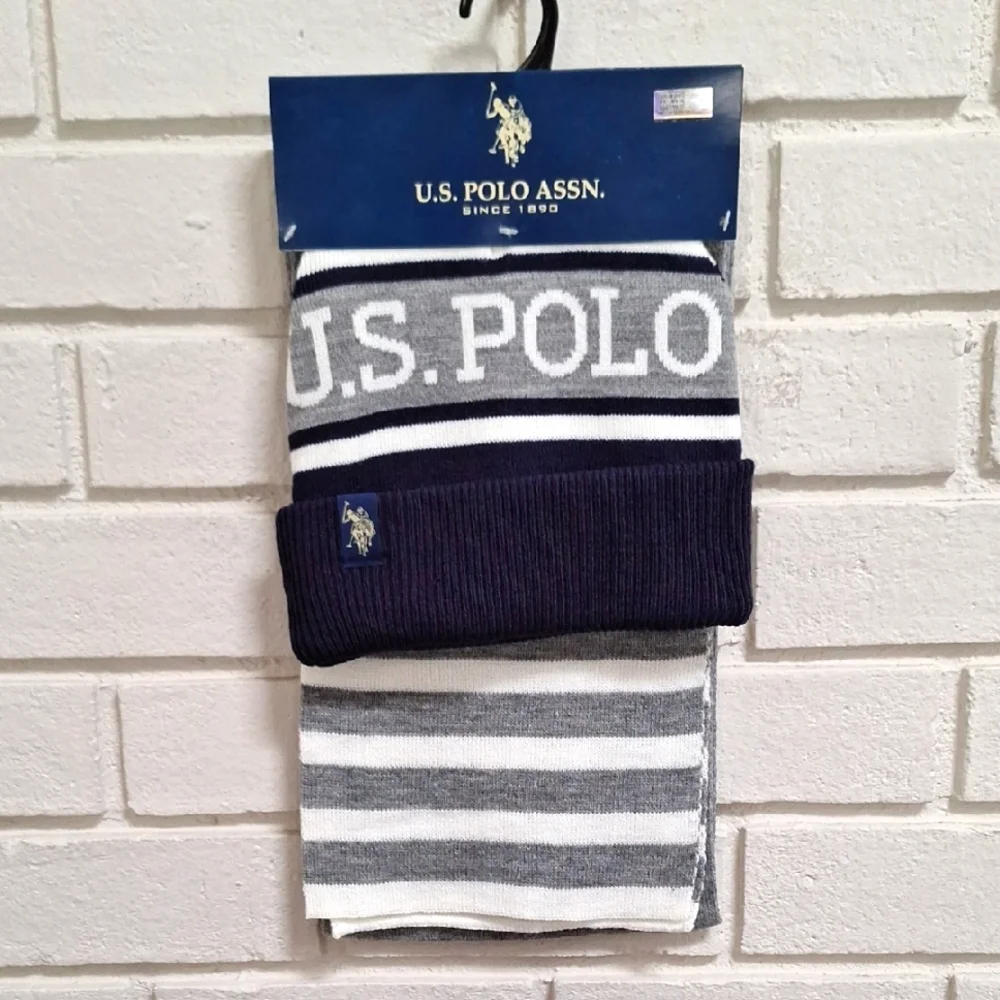 U.S. Polo Assn. Navy and Gray Striped Beanie and Scarf Set